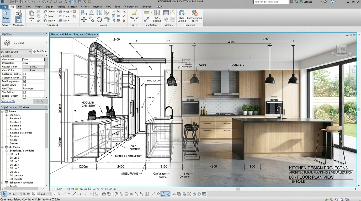 > A professional 3D interior design render of a modern kitchen layout, showcasing architectural planning, clean lines, wireframe blending into a realistic kitchen visualization, software screenshot look, high-tech design engineering.