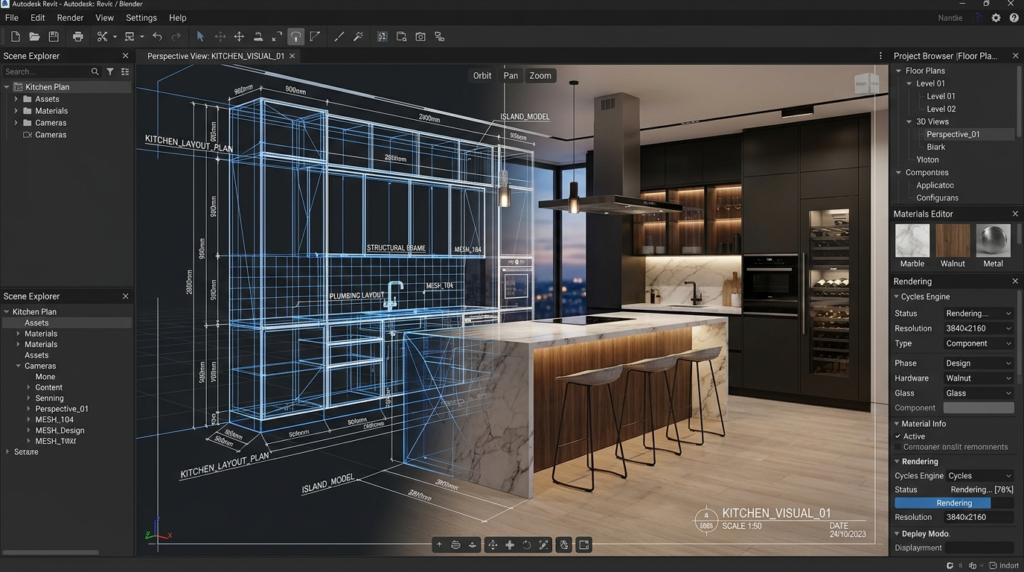 > A professional commercial kitchen inside a modern restaurant, stainless steel counters, industrial stoves, large exhaust hoods, clean and organized workflow setup, bright studio lighting, photorealistic, cinematic shot.