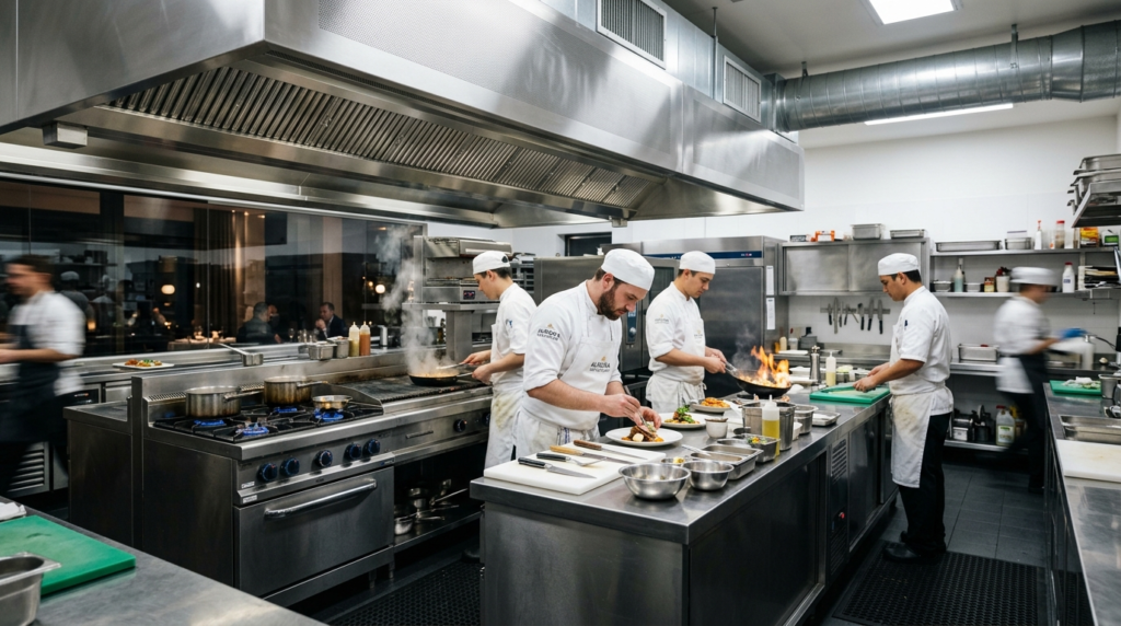 > A professional commercial kitchen inside a modern restaurant, stainless steel counters, industrial stoves, large exhaust hoods, clean and organized workflow setup, bright studio lighting, photorealistic, cinematic shot.