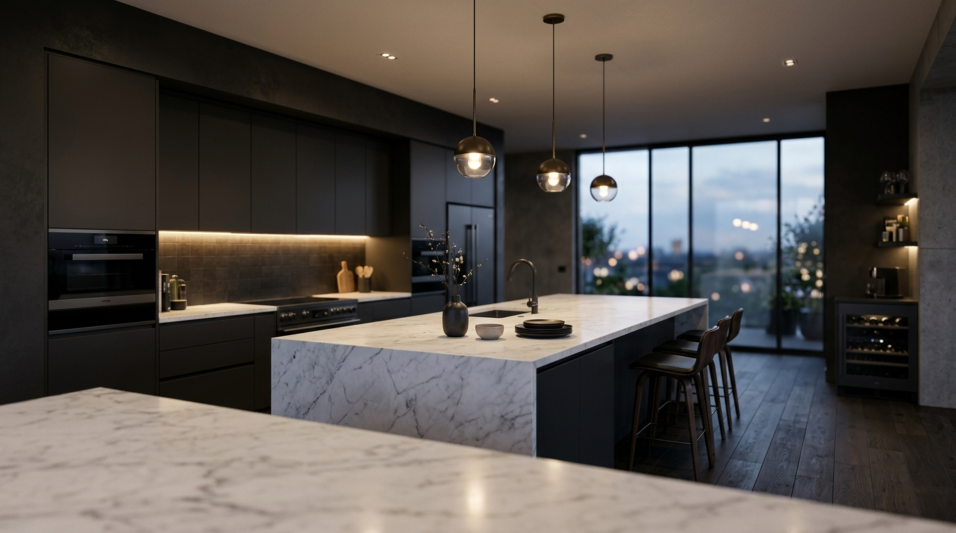 > An elegant, high-end modern kitchen background, warm wooden accents with matte black elements, soft under-cabinet LED glow, spacious layout, slightly out of focus or blurred background effect to make overlay text pop. Sophisticated, clean, architectural design look.